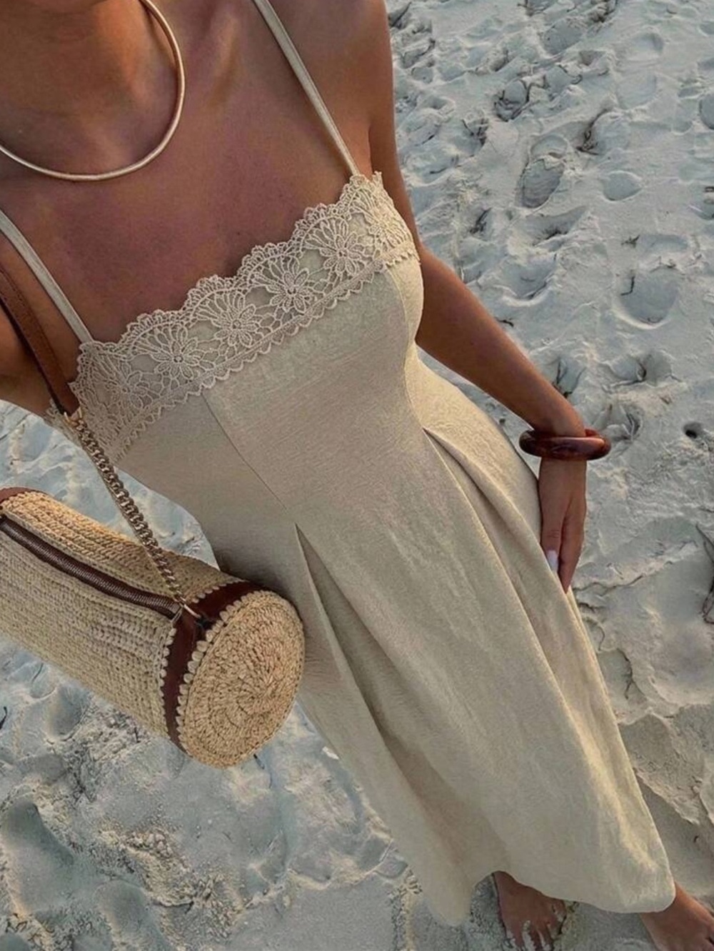 Spaghetti-Strap Cream Maxi Dress with Lace Trim - Picture 2 of 7